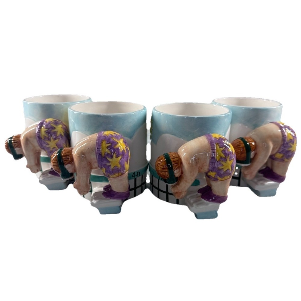 Vintage  Lotus Swim Dive Beach Mug Cup Planter Swimming Pool Party Man Set Of 4